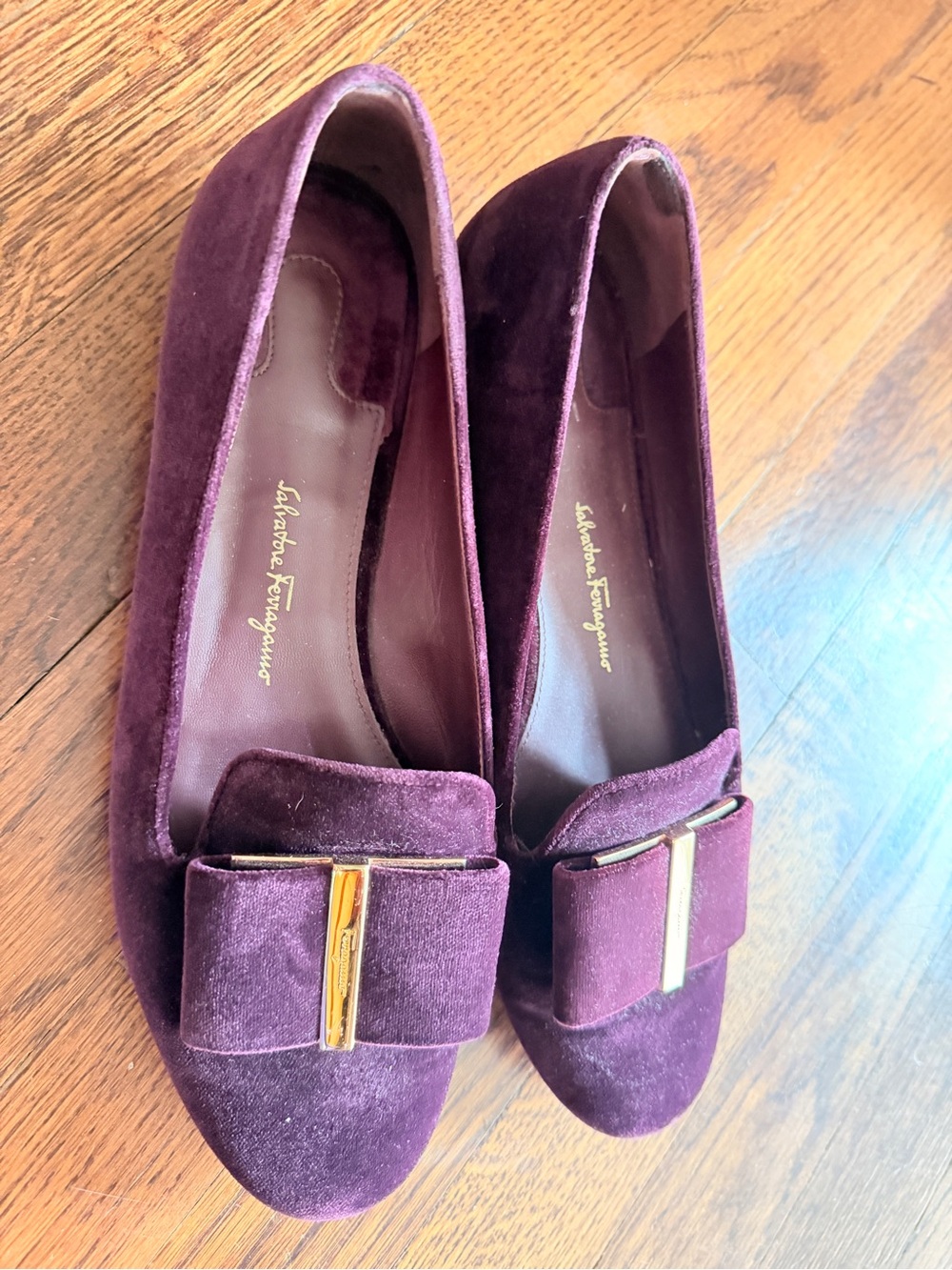 Salvatore Ferragamo Plum Suede Bow Loafers with Metal Accent - Picture 2 of 4